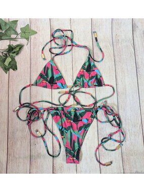 NUA VALENTINA Women's Tucano Rosa Bikini Tucan Print Tie  Size S/M